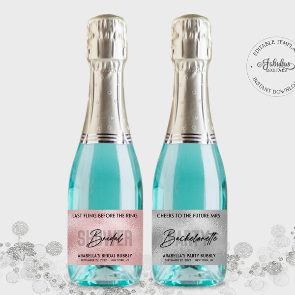 Bridal Shower Party Favor, Mini Champagne Labels, Metallic Blush or Silver - Editable Template, Instant Download