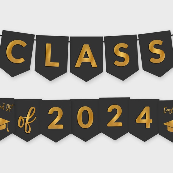 Class of 2024 Graduation Banner / Black & Gold Foil Style / Printable PDF, DIY Print, Instant Download - #GFC