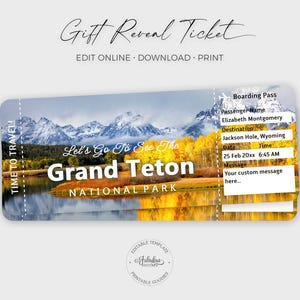 Grand Teton Travel Ticket, Custom Airplane Ticket, Grand Teton Gift Ticket / DIY Print, Editable Template