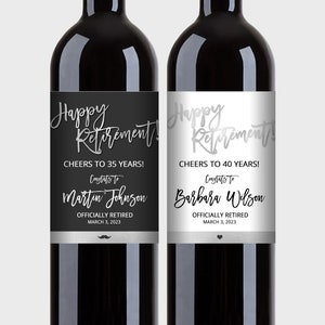 Happy Retirement Wine Labels, Black-White & Silver Foil Wine Labels - Editable Template, Instant Download - #SFC