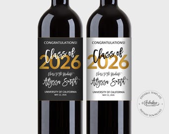 Afstudeerwijnetiketten, klasse van 2026, zwart-wit en goudfolie - bewerkbare sjabloon, direct downloaden - #GFC