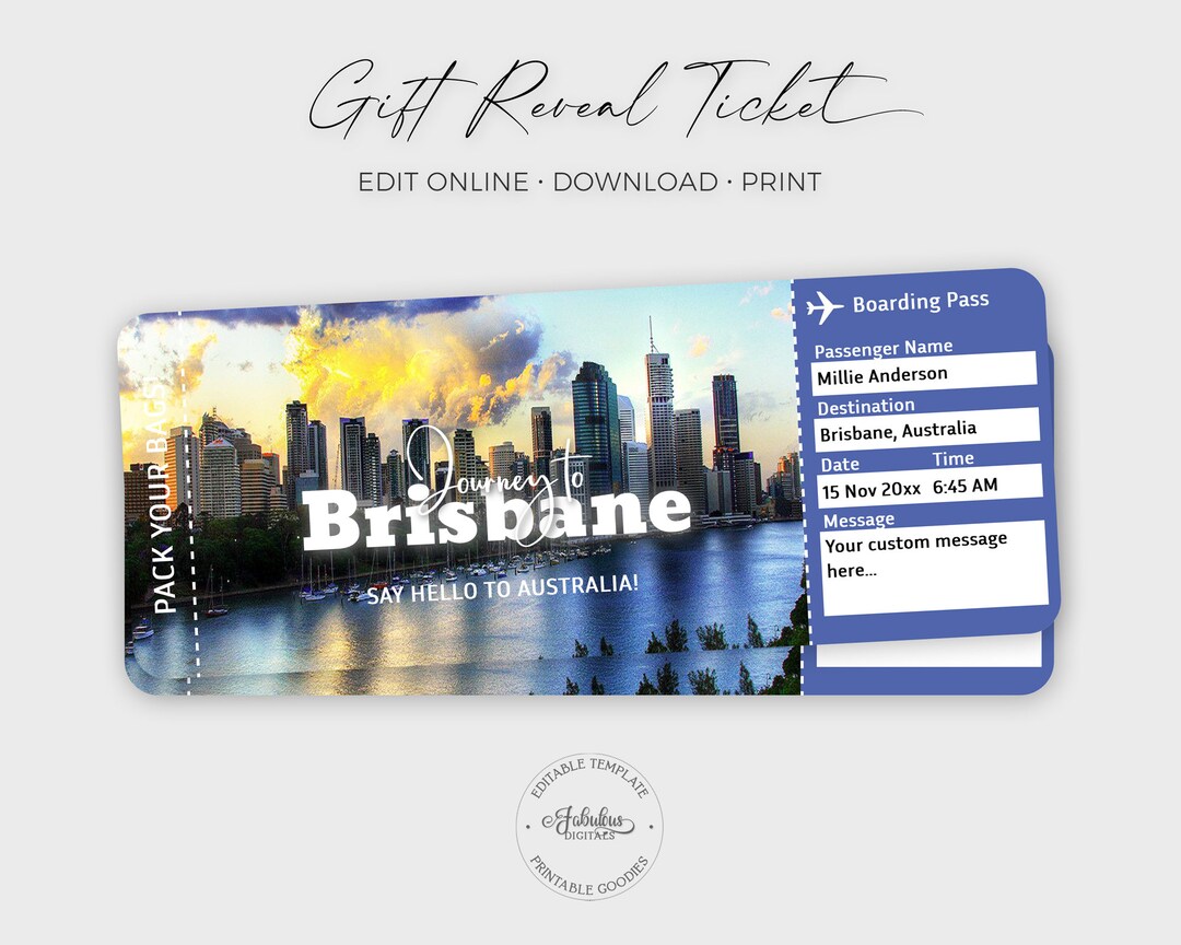 Brisbane Travel Ticket, Brisbane Boarding Pass, Surprise Gift ...