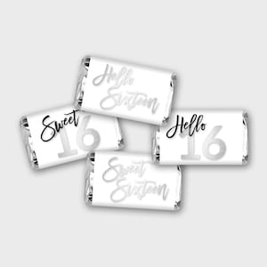 Sweet Sixteen Mini Candy Wrapper, Sweet 16 Mini Candy Label - White & Silver - Printable PDF, Instant Download - #SFC