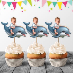 Dolphin Custom Face Cupcake Topper, Personalized Boy Riding a Dolphin Photo Birthday Cupcake Toppers - Digital File, DIY Print