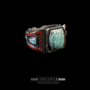 Silver Tibetan Turquoise Bracelet Handmade Tibetan Turquoise Bangle Turquoise Red Coral Mosaic 1900s Vintage Nepalese Bangle Gift For Her