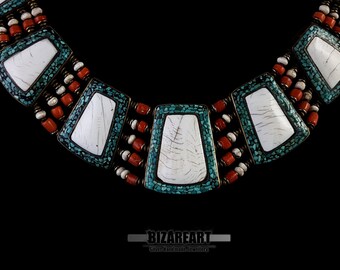 Pendentif Tibétain Népalais Argent 925 – Turquoise Et Corail Rouge – Cabochon Naturel