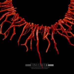 Pu&ograve; includere: Una collana di corallo rosso fatta di molti piccoli rami. La collana &egrave; disposta in un cerchio con i rami che pendono.