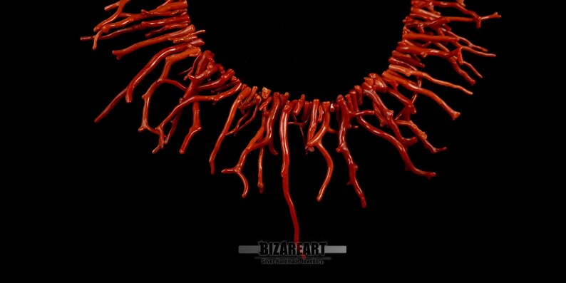 Pu&ograve; includere: Una collana di corallo rosso fatta di molti piccoli rami. La collana &egrave; disposta in un cerchio con i rami che pendono.