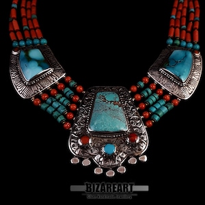 Handmade Tibetan Turquoise Necklace – Vintage Silver & Red Coral Beads