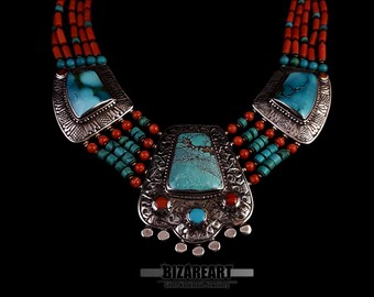 Pendentif Tibétain Népalais Argent 925 – Turquoise Et Corail Rouge – Cabochon Naturel