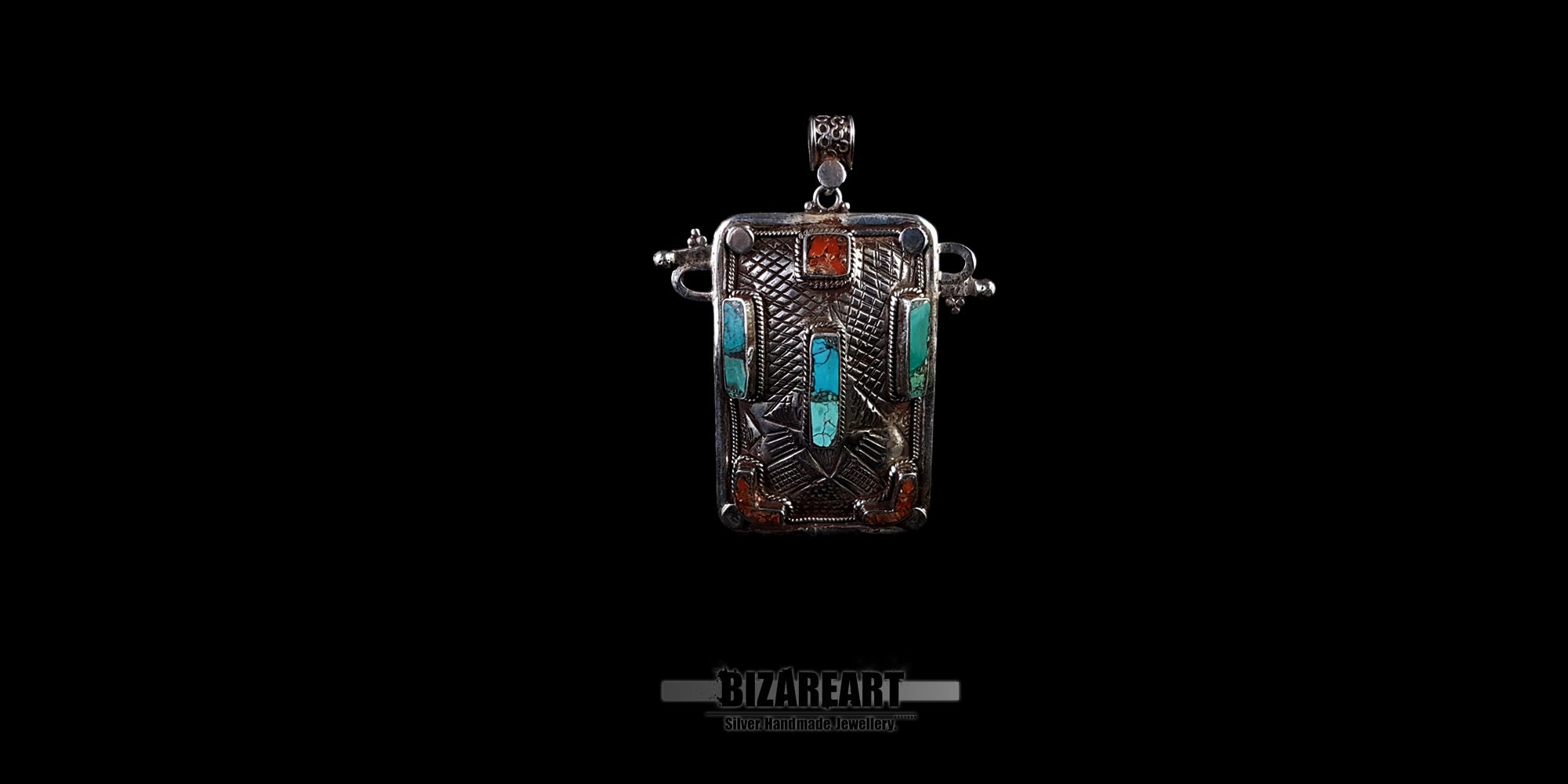 Pendentif en Argent 925‰ Turquoise Tibétain Naturel A Goutte Et Coraux