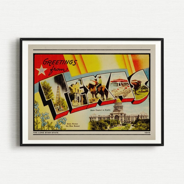 Texas Print, Texas Wall Art, Retro Texas Decor, Texas Poster, Greetings from Texas, Retro Art, Texas Travel Art, Retro Home Decor