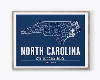 North Carolina Map Print, North Carolina Home, The Tar Heel State, North Carolina Decor, North Carolina, Southern Home Decor, State Print