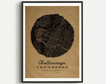 Vintage Style Chattanooga Map, City Map Print, Chattanooga Poster, Chattanooga Tennessee, Chattanooga Wall Art, Tennessee Map Decor