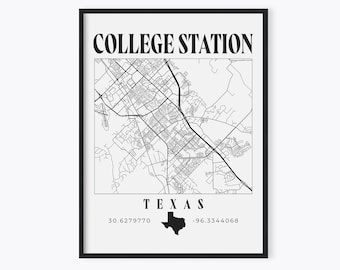 College Station, Texas, College Station Map, Texas Decor, College Station Print, Texas Map, College Station Map Art, City Map, Travel Art