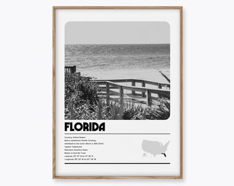 Florida Print, Beach Home Decor, Florida, Black and White Florida Print, Florida Art, Florida Gift, Florida State Home, State Print