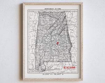 Montgomery Alabama, Montgomery Print, Alabama Map, Montgomery, AL, Old Alabama Map, US Map Art, Alabama Map Art, Montgomery Home, US Map