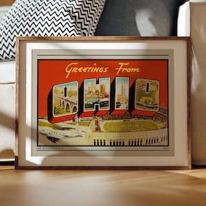 Ohio Print, Retro Ohio Decor, Vintage Ohio, Ohio Poster, Retro Art, Vintage Decor, Ohio Wall Art, The Buckeye State, Greetings from Ohio