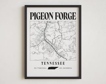 Impresión de Pigeon Forge, Tennessee, Arte cartográfico, Cuadrícula urbana, Arte minimalista