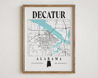 Decatur Alabama Map, Decatur Print, Alabama Decor, Alabama Map Print, Decatur, Alabama, City Print, Decatur Map Art, Travel Art