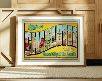 Charlotte North Carolina Print, Greetings from Charlotte, Retro Decor, Charlotte Poster, Retro Travel Wall, Vintage Decor, North Carolina