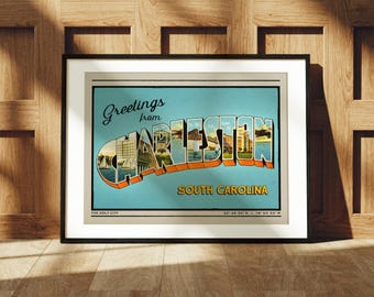Saludos desde Charleston Print, Carolina del Sur, estilo retro de mediados de siglo, postal vintage de viaje.