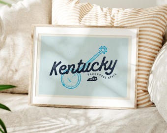 Retro Kentucky Art Print, Bluegrass Music Lover, Kentucky Wall Decor, Rustic Travel Wall Art, Kentuckian Gift, Bluegrass State