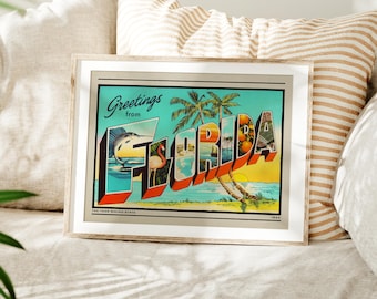 Greetings from Florida, Vintage Postcard Wall Art Print, Mid Century Modern Decor