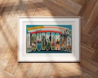 Postal de felicitación desde Luisiana para pared, decoración americana, arte de viajes, estilo moderno de mediados de siglo.