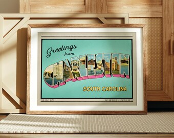 Saludos desde Charleston Print, Charleston, Carolina del Sur, estilo retro de mediados de siglo, postal de viaje.