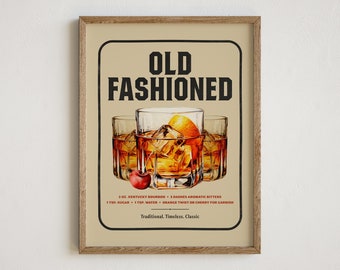 Old Fashioned Cocktail Print, Bourbon Print, Whiskey Poster, Bar Decor, Retro Wall Art, Cocktail Recipe, Speakeasy Decor, Speakeasy, Bar Art