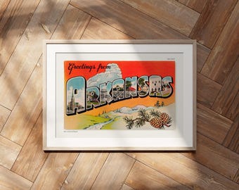 Postal con el mensaje "Saludos desde Arkansas", decoración americana, arte de viajes, estilo moderno de mediados de siglo.