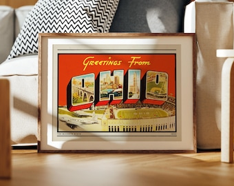 Ohio Print, Retro Ohio Decor, Vintage Ohio, Ohio Poster, Retro Art, Vintage Decor, Ohio Wall Art, The Buckeye State, Greetings from Ohio