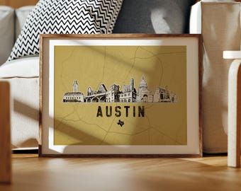 Austin Texas Retro Print: Cityscape Illustration, Street Map Art