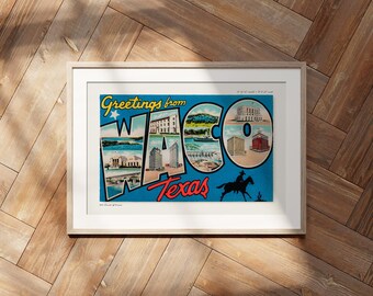 Postal retro de Waco, Texas, decoración americana, arte de viajes, estilo moderno de mediados de siglo.