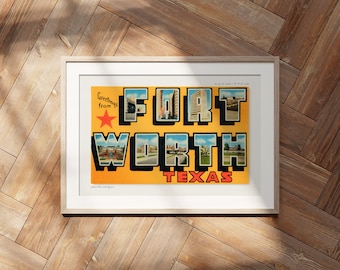 Postal retro de Fort Worth, Texas, decoración americana, arte de viajes, estilo moderno de mediados de siglo.