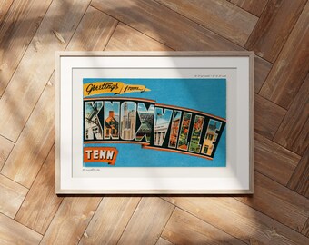 Postal con el mensaje "Saludos desde Knoxville, Tennessee" para pared. Decoración americana, arte de viajes, estilo moderno de mediados de siglo.