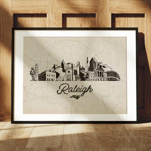 Raleigh North Carolina Print, Raleigh Skyline Illustration, Retro Map Art, Cityscape Print, Raleigh North Carolina Landmarks