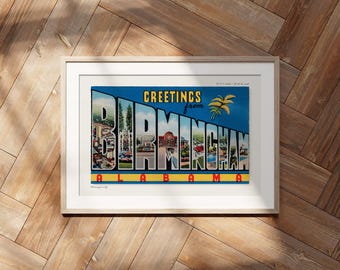 Saludos desde Birmingham, Alabama. Estampado de estilo retro americano, decoración de postales vintage, arte de viajes, estilo moderno de mediados de siglo.