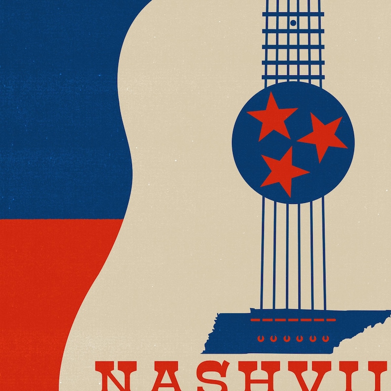 Op de afbeelding: Een blauwe en rode illustratie van een gitaar met de staat Tennessee en het woord "NASHVILLE" onderaan. De gitaar heeft een blauwe cirkel met drie rode sterren.
