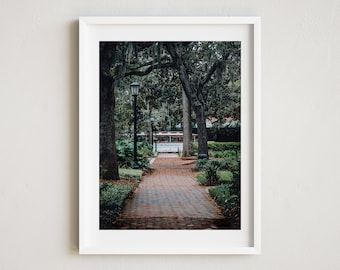May include: A brick pathway lined with trees leads to a white bus with the text "Old Savannah Tours" on the side. The trees have Spanish moss hanging from their branches.