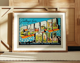 Chapel Hill North Carolina Print, Greetings from Chapel Hill, Vintage North Carolina Decor, Retro Poster, Retro Art, Vintage Decor