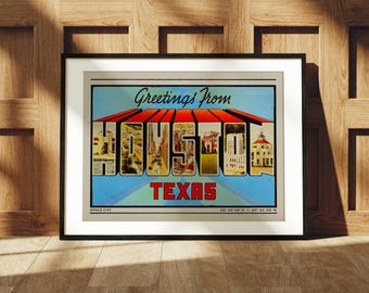Houston Texas Print, Houston Art, Retro Texas Decor, Vintage Houston, Greetings from Houston, Retro Art, Texas Poster, Houston Wall Art