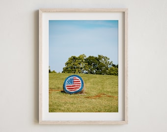 American Flag Hay Bale, Patriotic Photography, Farmhouse Print, American Flag Photo, Farmhouse Wall Art, Americana Wall Art, Haybale Photo