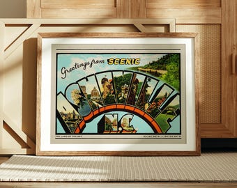 Asheville North Carolina Print, Retro Greetings from Asheville Postcard Decor, Old School Ephemera Artwork