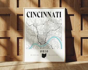 Cincinnati Map, Cincinnati Print, Ohio Decor, Modern Map Print, Cincinnati, Ohio, Cincinnati Wall Decor, Ohio Map Art, Cincinnati Poster