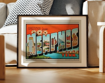 Saludos desde Memphis, Tennessee. Lámina de arte de viajes de estilo moderno de mediados de siglo, decoración de postal vintage.