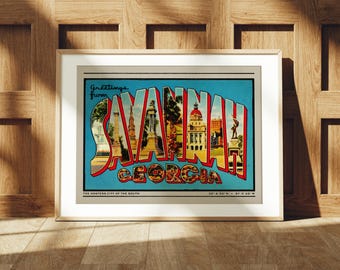 Retro Savannah Georgia Print, Greetings from Savannah, Savannah Wall Art, Nostalgic Print Art, Retro Travel Art, Vintage Decor