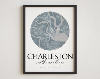May include: A printable map of Charleston, South Carolina, in a blue and gray color scheme. The map is in a circle with the city name and state below. The coordinates are also included: 32.7833° N - 79.9320° W.