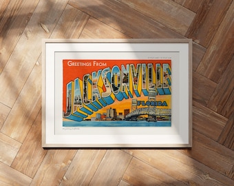 Postal retro de Jacksonville, Florida, decoración americana, arte de viajes, estilo moderno de mediados de siglo.